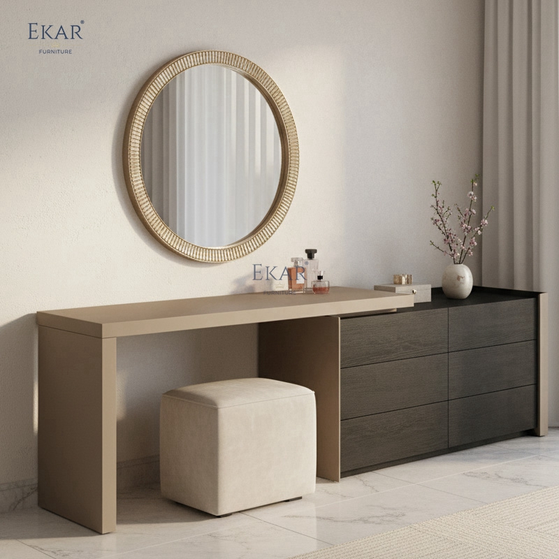 Wholesale Modern Bedroom Furniture Wooden Dressing Table with Round Mirror Storage Drawers Makeup Vanity Set OEM ODM