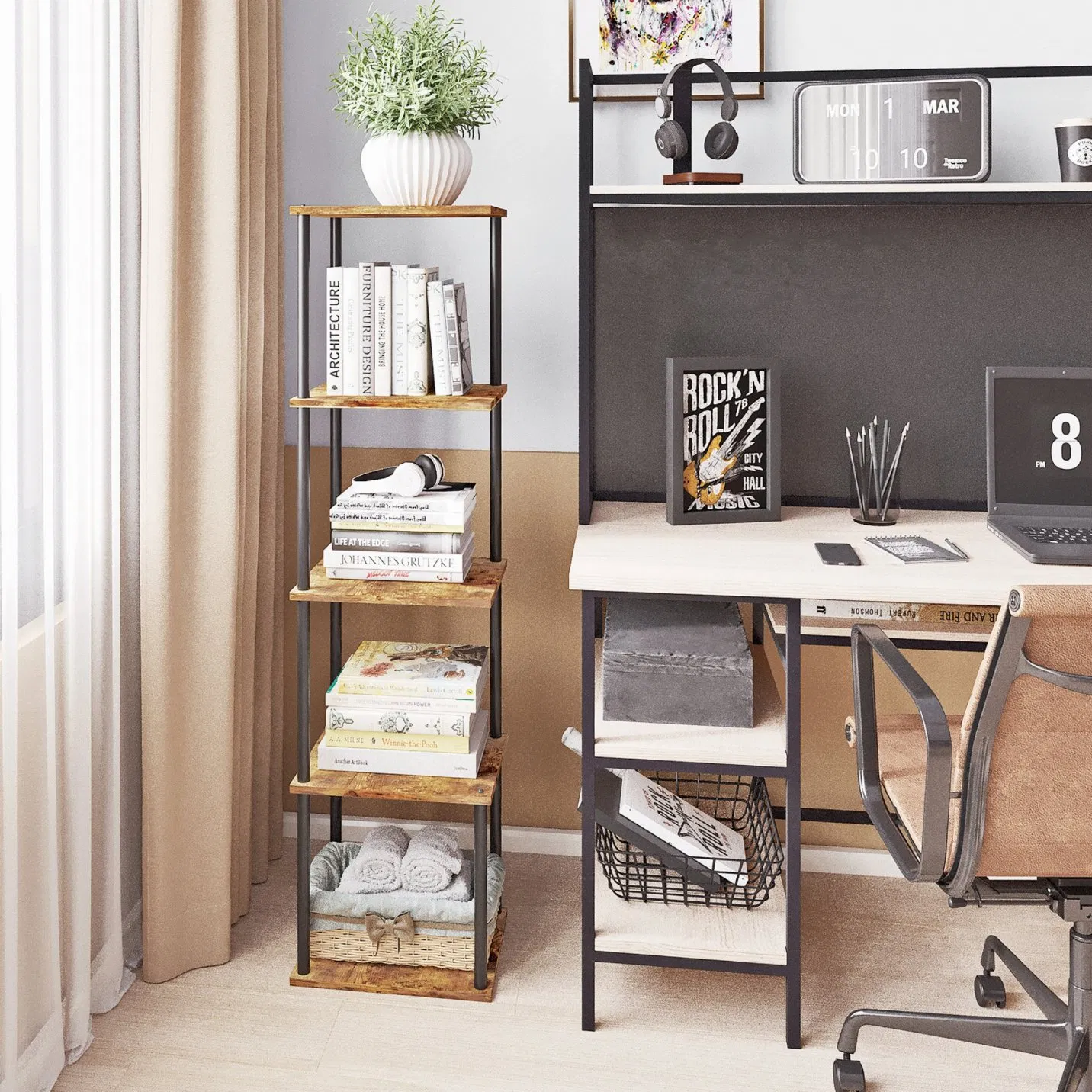 Ladder Shelf Wall-Mounted Design Tall Display Shelf Steel Wood Wall Bookshelf
