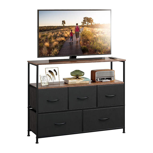 Modern TV Stand Living Room Dresser TV Stand Entertainment Center with Fabric Drawers Media Console Table with Open Shelves