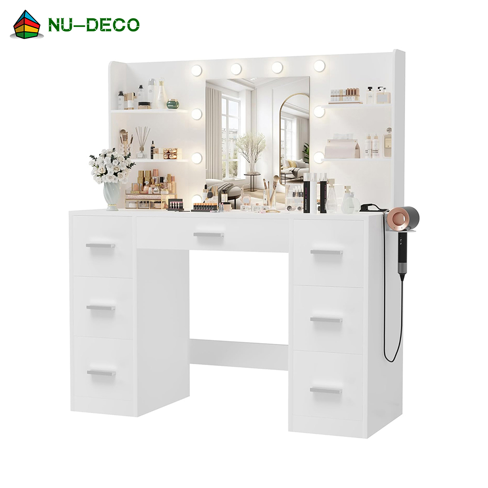 OEM/ODM Custom Wood Vanity Desk Makeup Table with Mirror Adjustable Lighting and Power Outlet
