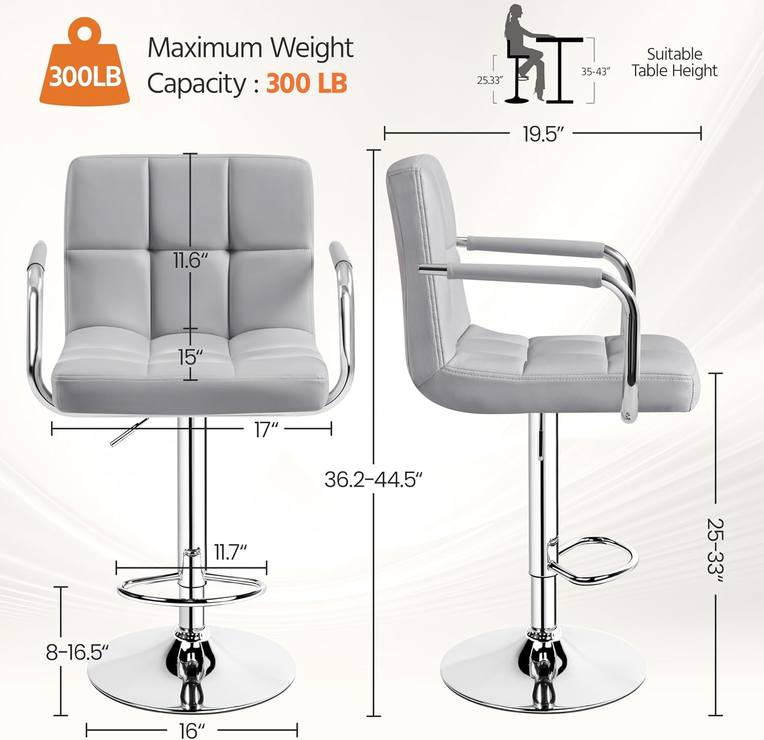 Adjustable Counter Height Bar Stools for Kitchen PU Synthetic Leather Modern Design with Armrest and Back