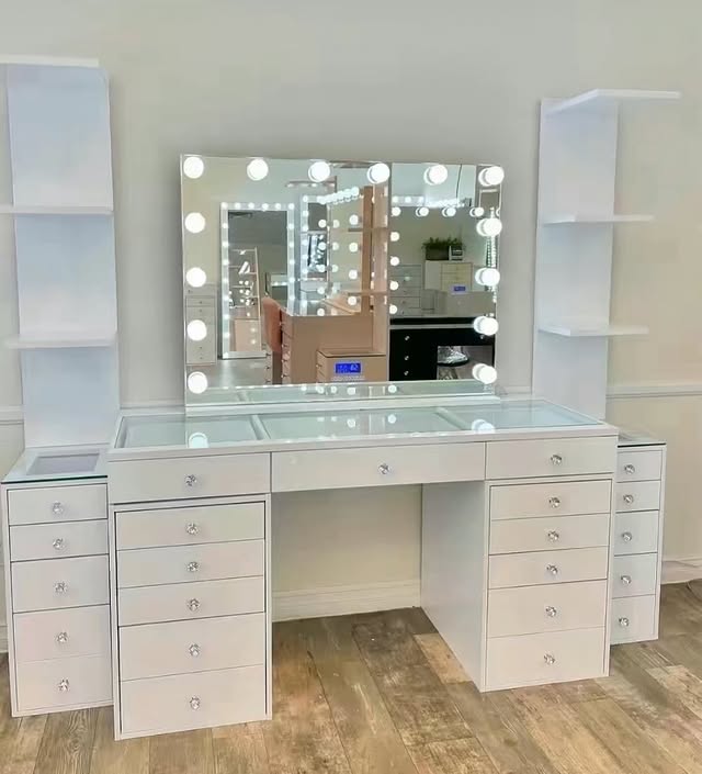 White Glossy Paint Makeup Vanity Table with LED Lighted Mirror, Drawers and Shelves for Bedroom Storage