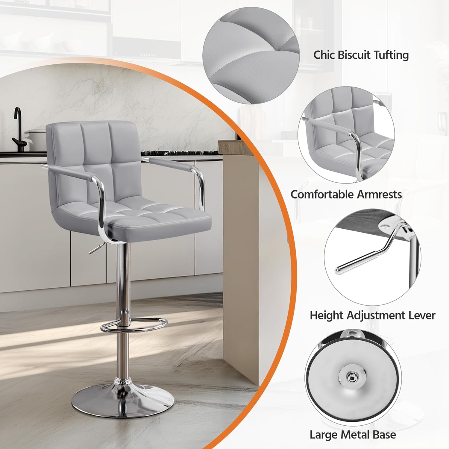 Adjustable Counter Height Bar Stools for Kitchen PU Synthetic Leather Modern Design with Armrest and Back