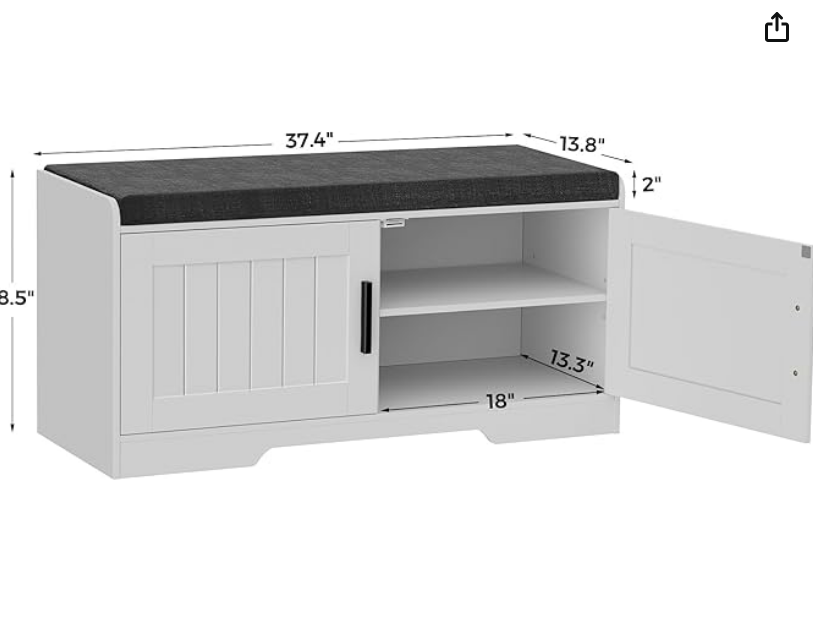 Entryway Shoe Bench with Storage, White Farmhouse Shoe Storage Bench with Padded Seat &amp; Cabinet Doors