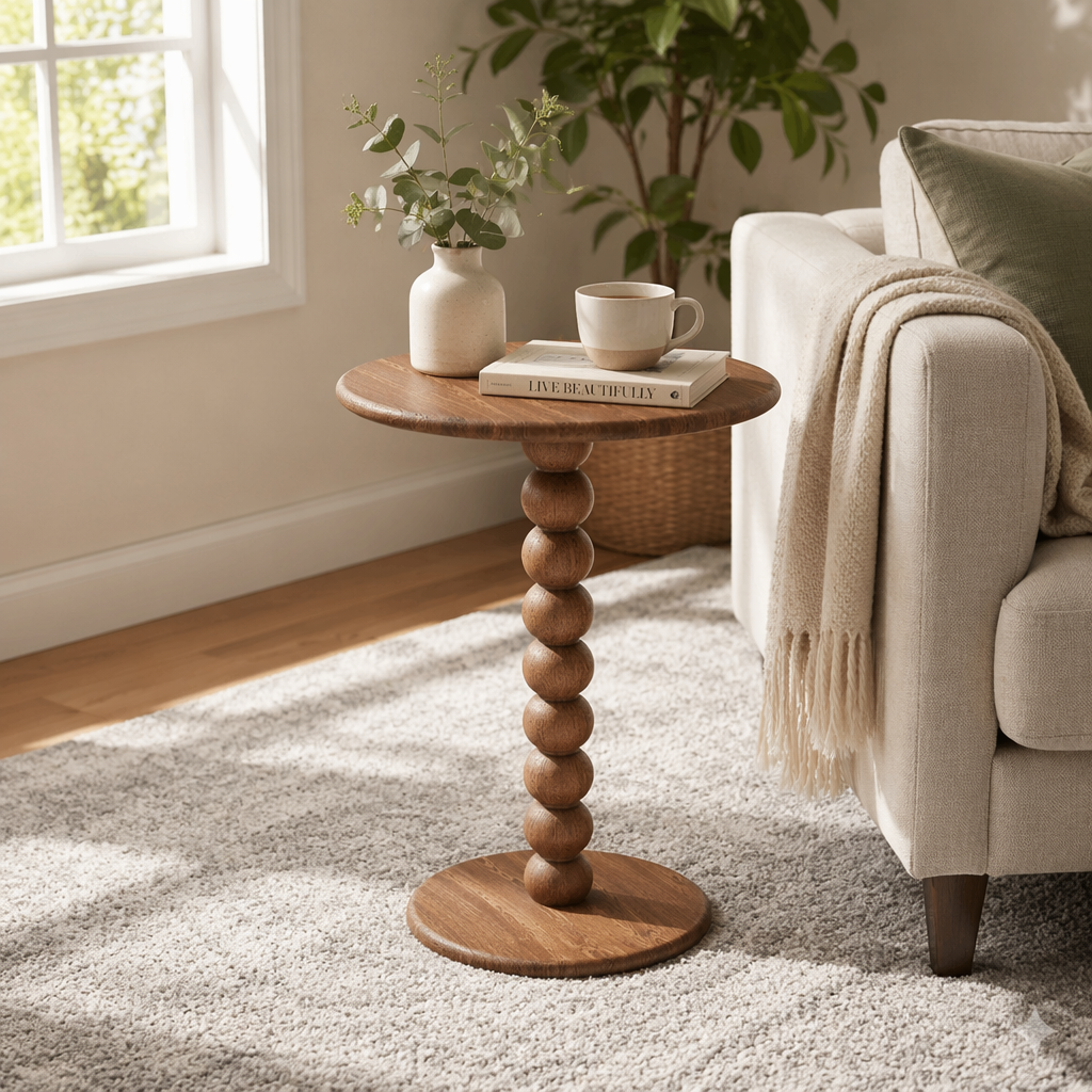 Wood Beaded Pedestal Side Table Farmhouse Round Solid Wood End Table Spindle Bobbin Accent Table Living Room Sofa Side Table