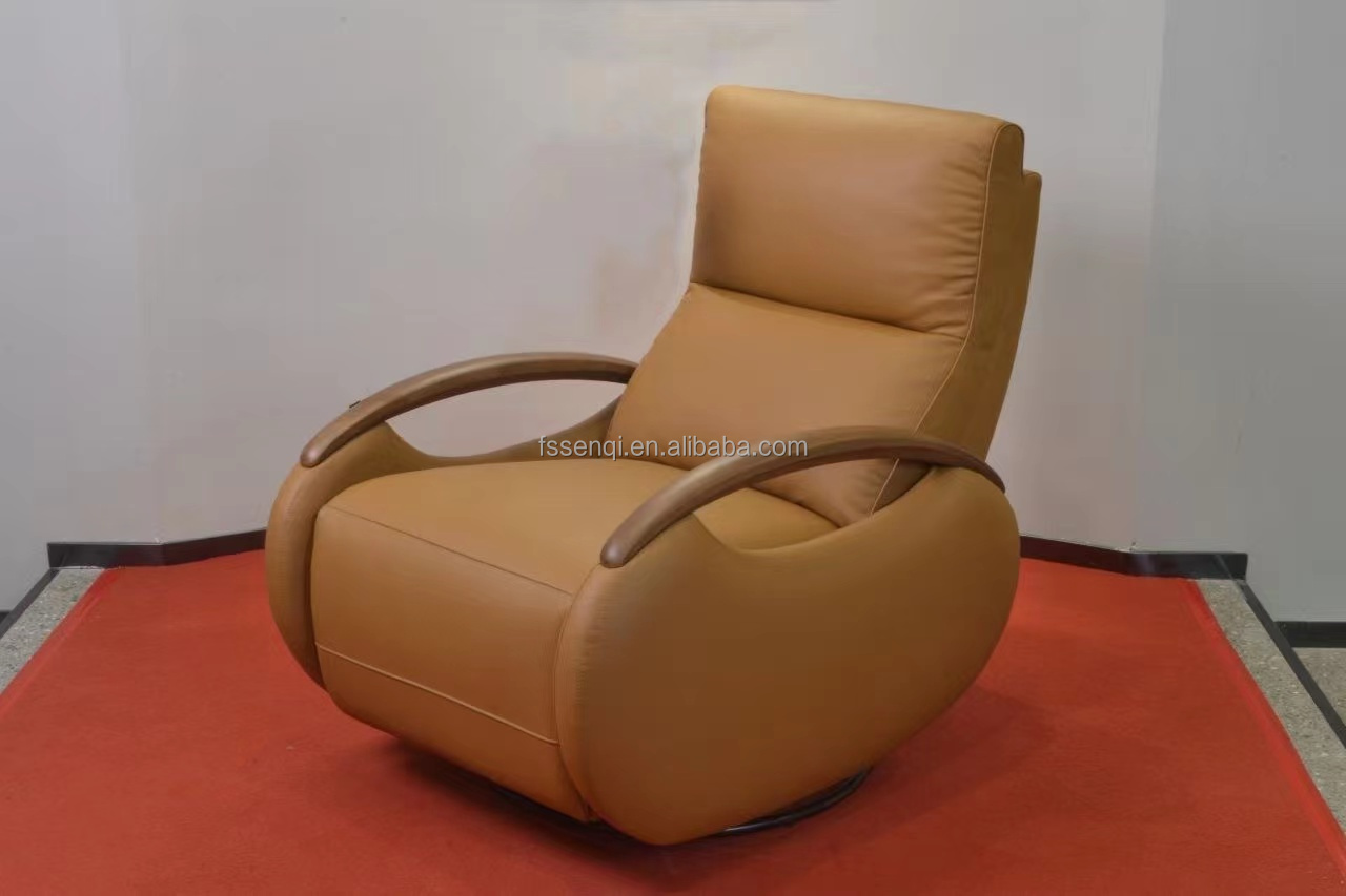 Modern Extendable Genuine Leather electric recliner Chair with Wooden Armrest GN-015