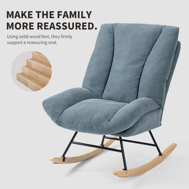 Comfy Light Blue Rocking Chair with Black Metal Frame and Wooden Rockers Living Room Lounge Chair Furniture for Bedroom