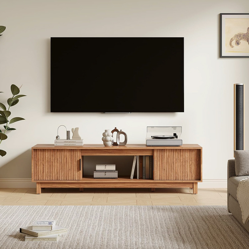 58" Modern TV Stand, Mocha Brown Wood TV Stand with Storage Cabinets, TV Stand with Straight Legs for Living Room, Bedroom