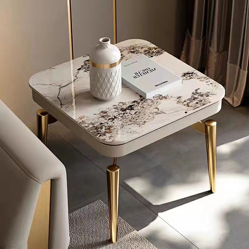 Luxury Design Elegant Side Table Stainless Steel Frame Coffee Table Modern Slate Gold Side Table for Living Room