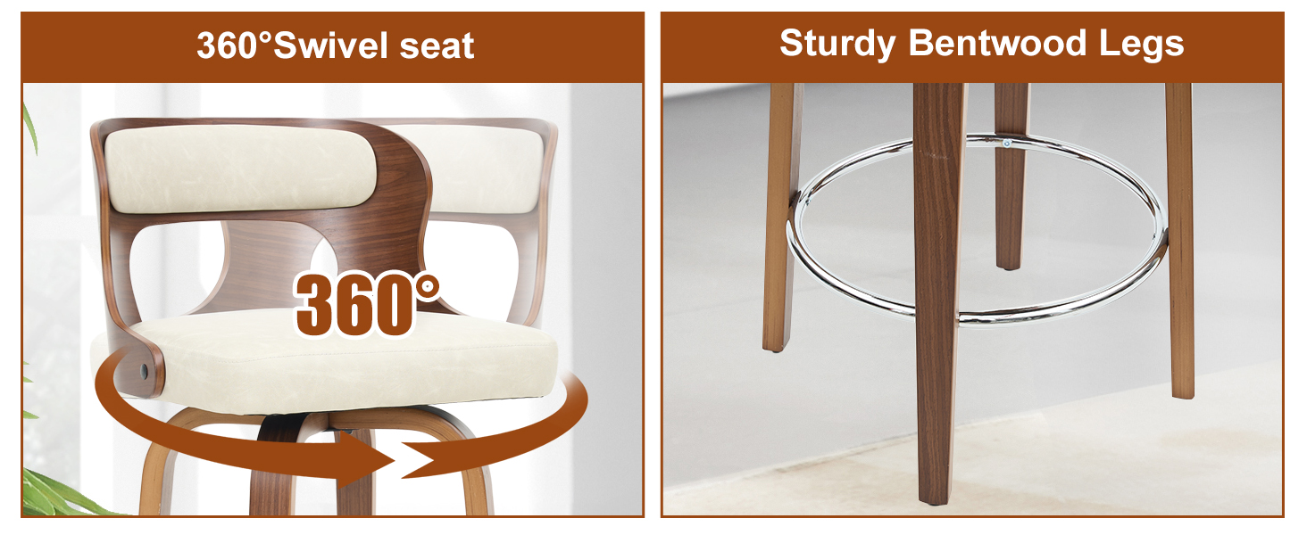 PU Synthetic Leather Modern Eco-Friendly Bar Stools Counter High Chair Swivel Bent Wood Adjustable Dining Kitchen Living Room