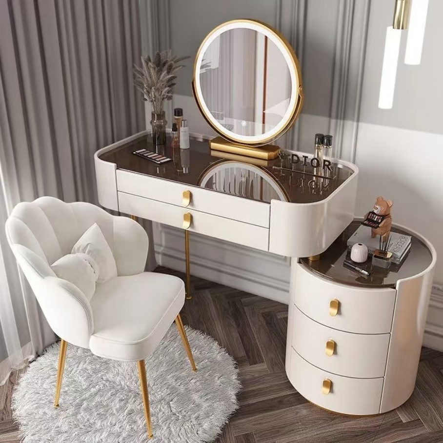 Smart Modern Multi-functional Princess Dressing Makeup Table Side Cabinet Vanity LED Touch Metal Wooden Optional Color China
