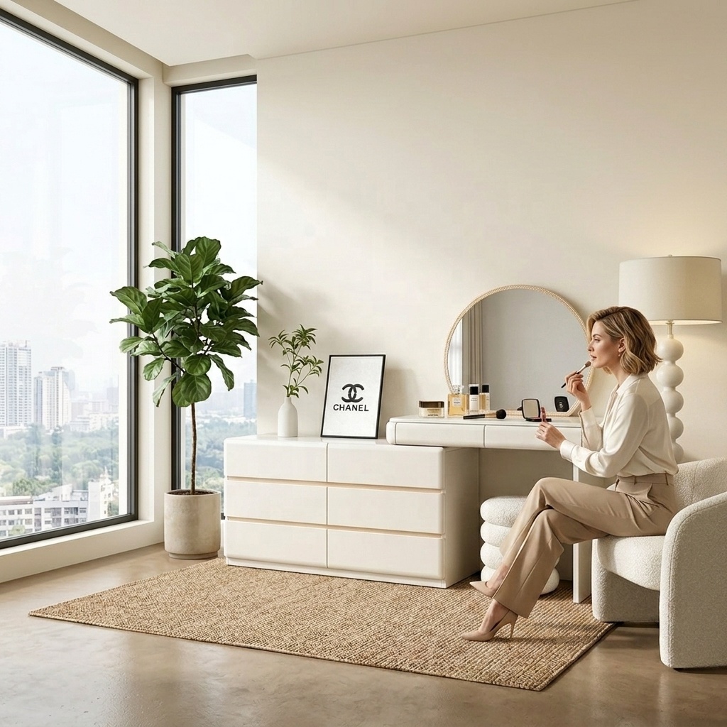 Modern Wood Dressing Table with Lighted Mirror and Storage for Bathroom Use Customizable Sizes