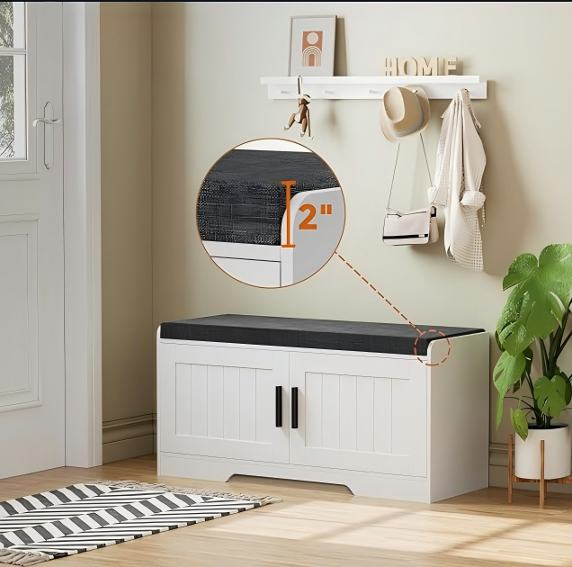 Entryway Shoe Bench with Storage, White Farmhouse Shoe Storage Bench with Padded Seat &amp; Cabinet Doors