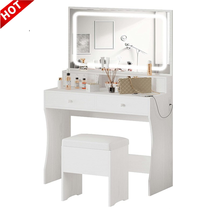 Modern White Wooden Makeup Vanity Dressing Table with LED Mirror Hot Selling Bedroom Furniture Living Room Includes Power Outlet