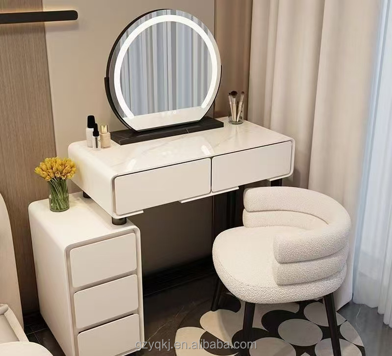 Modern Creamy Style Small-Sized Dressing Table with Rock Board &amp; Tempered Glass Simple Luxury Makeup Vanity