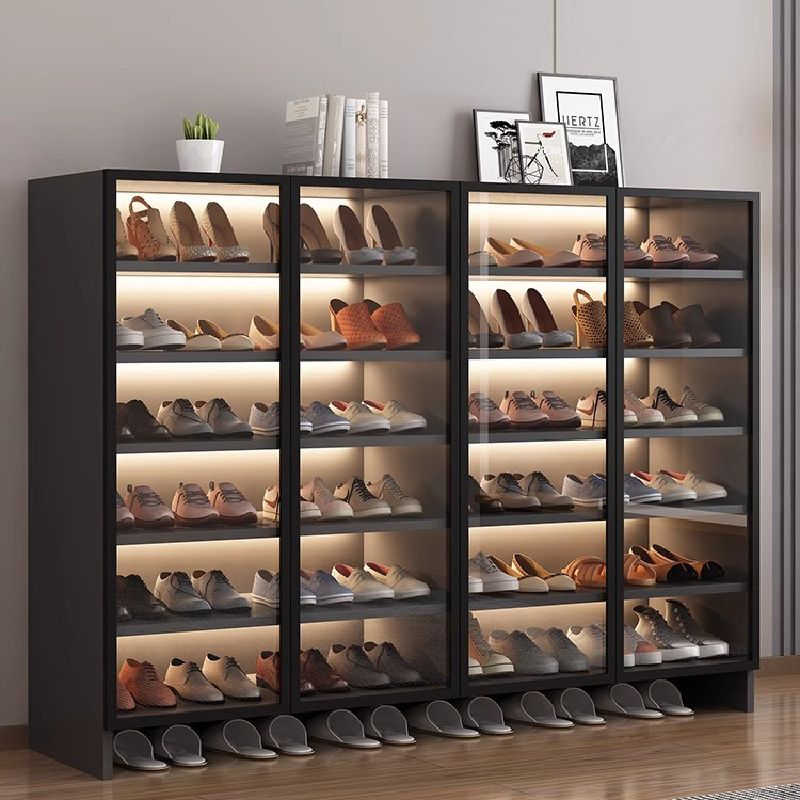 Modern Luxury Full Wall Shoe Cabinet with Tempered Glass Doors LED Sensor Light Large Capacity Wardrobe for Villa