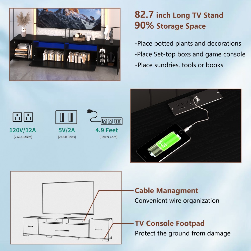 TV Console with Storage Cabinets, Remote, APP Control Long LED TV Stand, Full RGB Color Selection