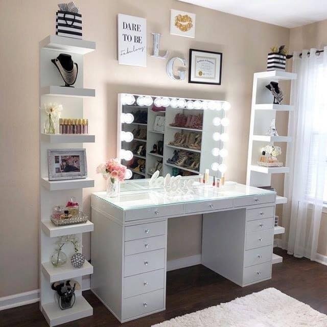 White Glossy Paint Makeup Vanity Table with LED Lighted Mirror, Drawers and Shelves for Bedroom Storage