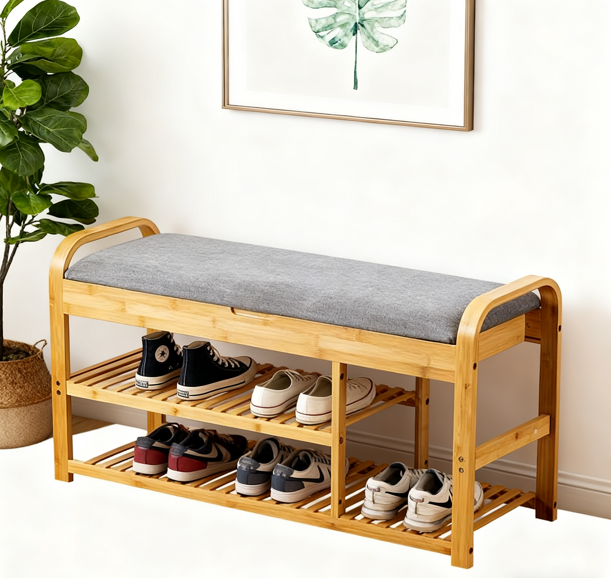 Modern Bamboo Shoe Rack Bench with Shoe Storage 3 Shelves Floor Mount up to 11 Pair Entryway Living Room Furniture