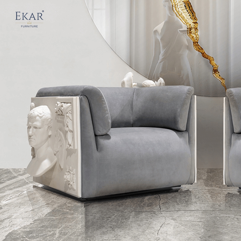 Modern - style Living Room Lounge Chair: Combines soft fabric with sculptural stone elements, creating a unique and comfortable