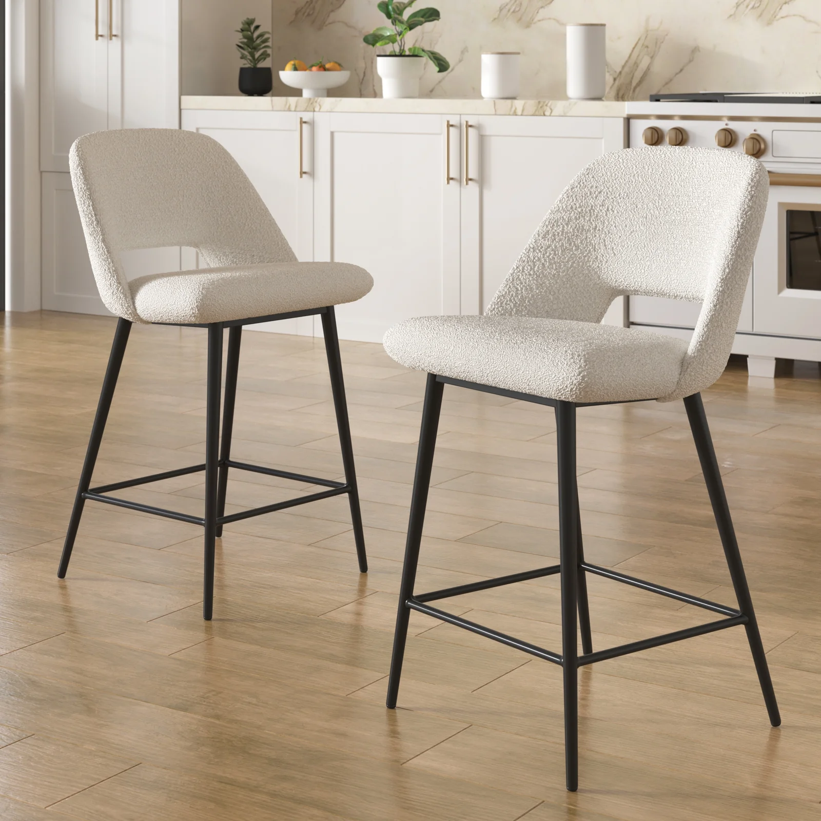Valdez Boucle Bar &amp; Counter Stool Modern Design Furniture Hollow Back Counter High Chair Nordic Upholstered Bar Stool