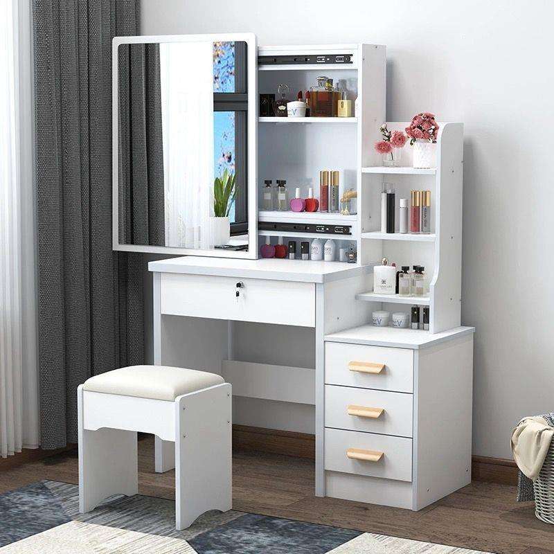 Modern Bedroom Wooden Tocador Vanity Dressing Table with Sliding Doors Lighted Mirror Foldable Design Removable Drawers
