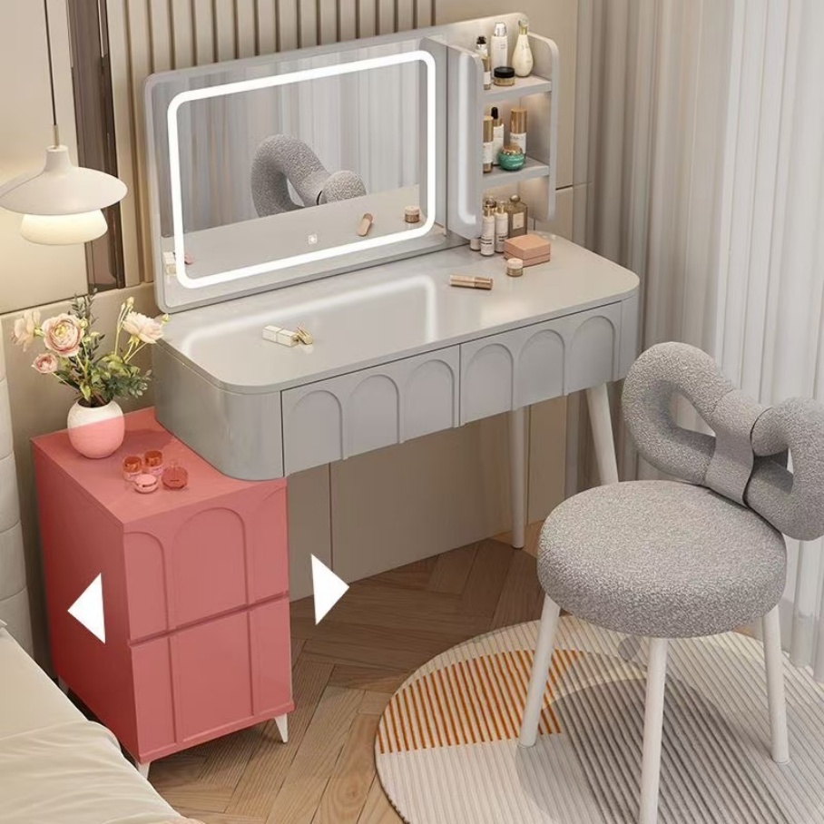 Smart Modern Multi-functional Princess Dressing Makeup Table Side Cabinet Vanity LED Touch Metal Wooden Optional Color China