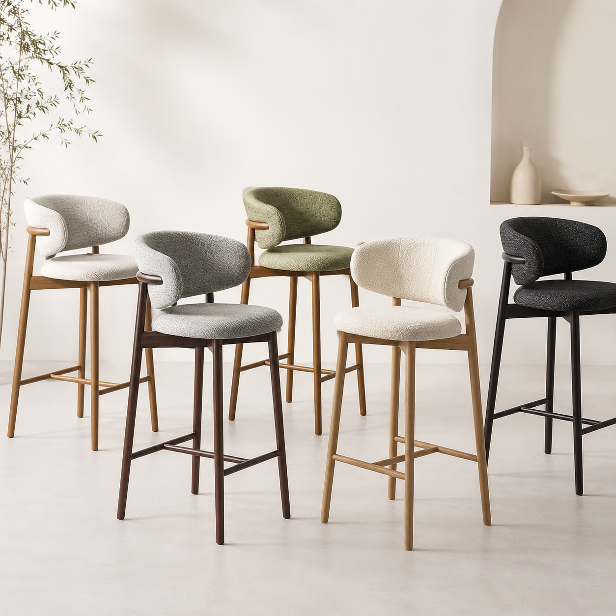 Wholesale Premium Walnut Wood Base Padded Seat with Curved Support for Modern Home Bar and Lounge Furniture Bar Stool