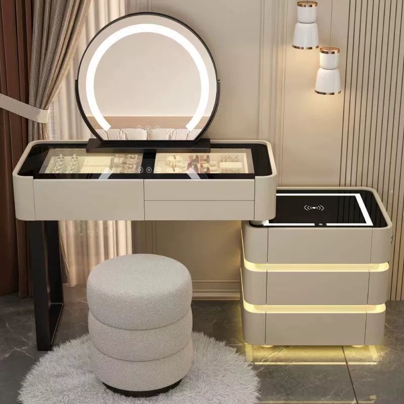 Hot Modern Lighted Adjustable Extendable Bedroom Vanity Makeup Dresser with 3 Colors LED Mirror Smart Dressing Table Glass Top