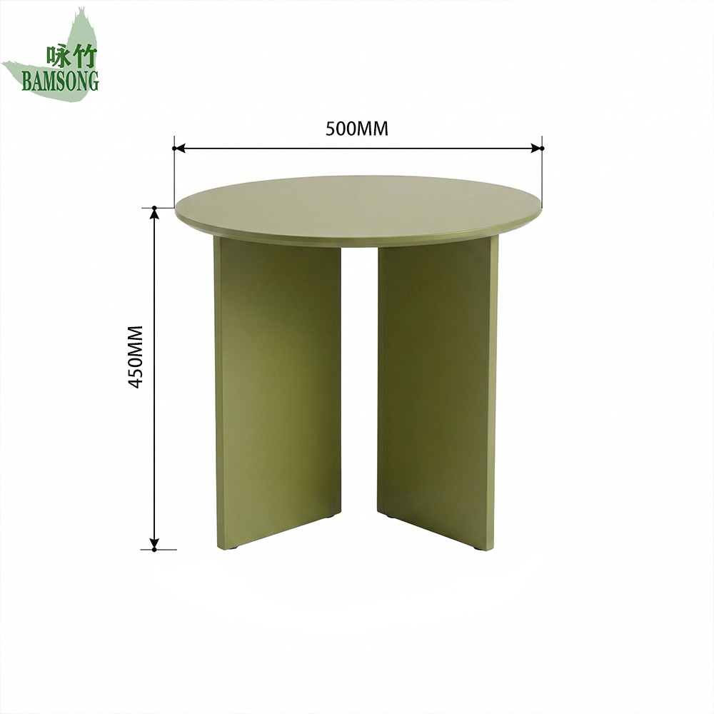 Side Table Natural Bamboo Olive Green Finish Simple Modern Round End Table with Panel Legs Sturdy Coffee Table for Home Use