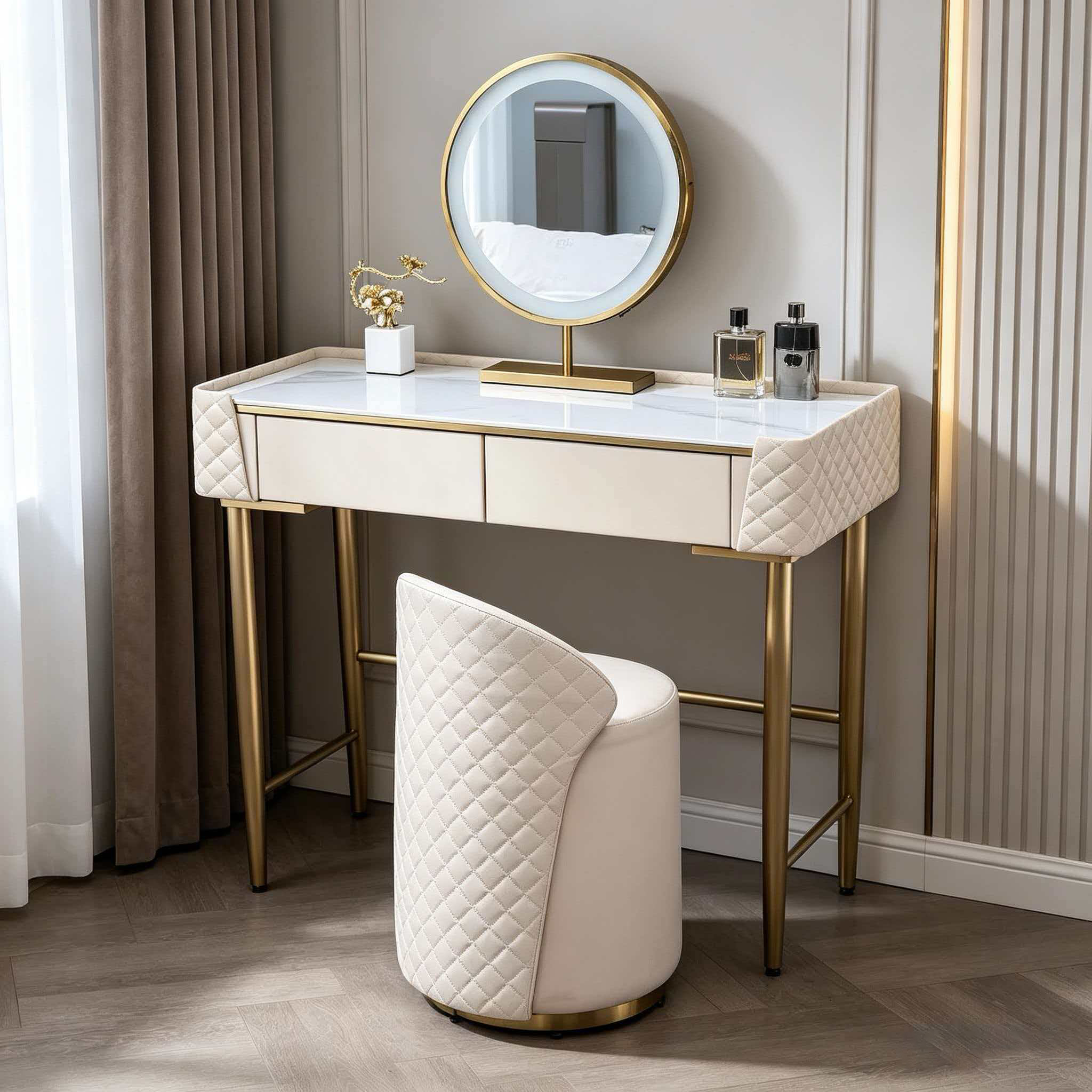 Modern Foldable 120x40x75cm Mirrored Vanity Dressing Table with LED Lighted Mirror and 2 Drawers for Bathroom