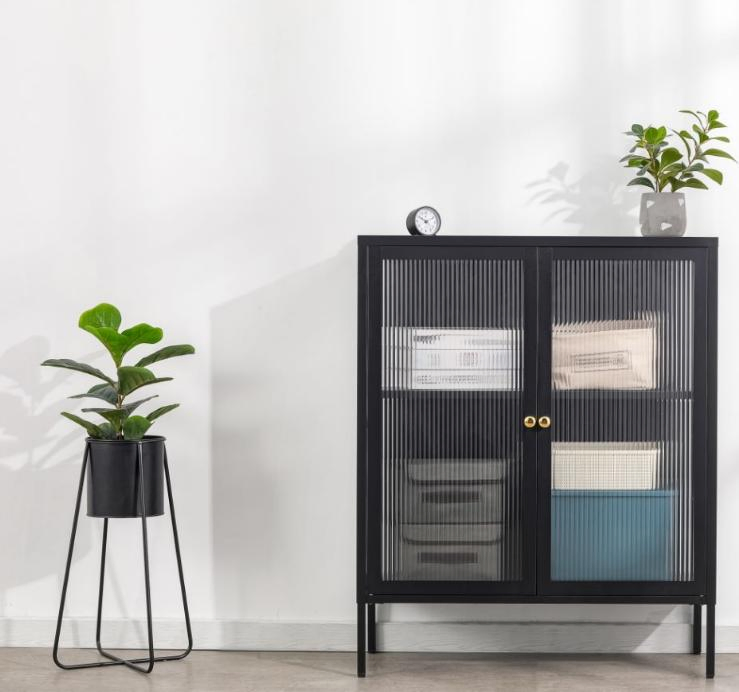 Fluted Ribbed Textured Glass Door and Sides Metal Display Cabinet