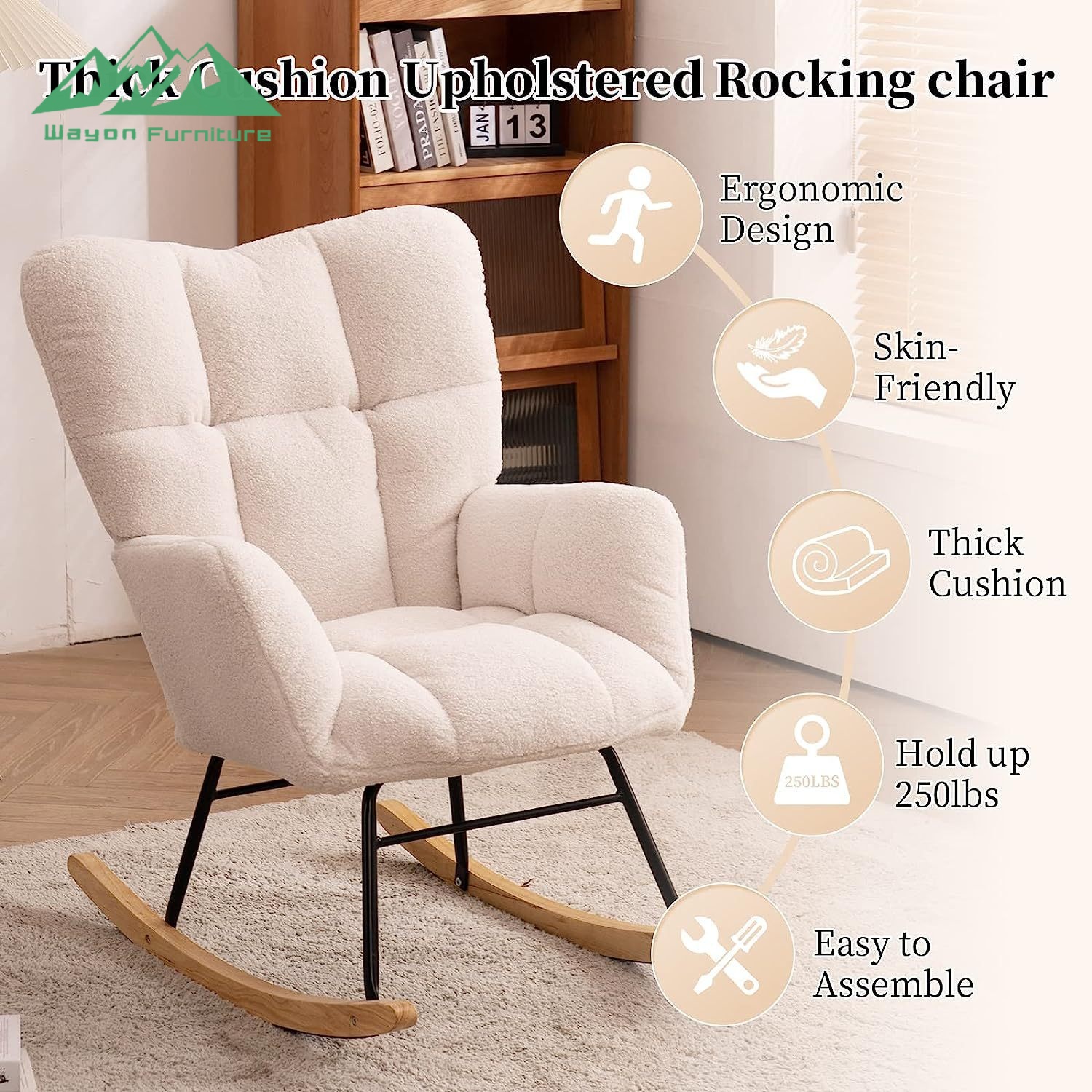 Wayon Modern Plush High Back Rocking Chair for Living Room Bedroom Nursery Comfy Reading Lounge Accent Chair