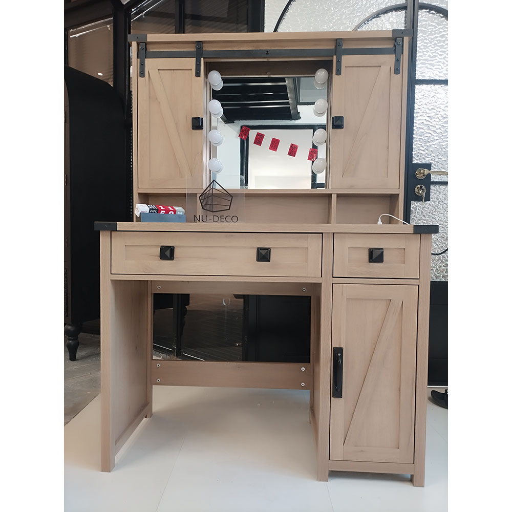 OEM/ODM Custom Wood Vanity Desk Makeup Table with Mirror Adjustable Lighting and Power Outlet
