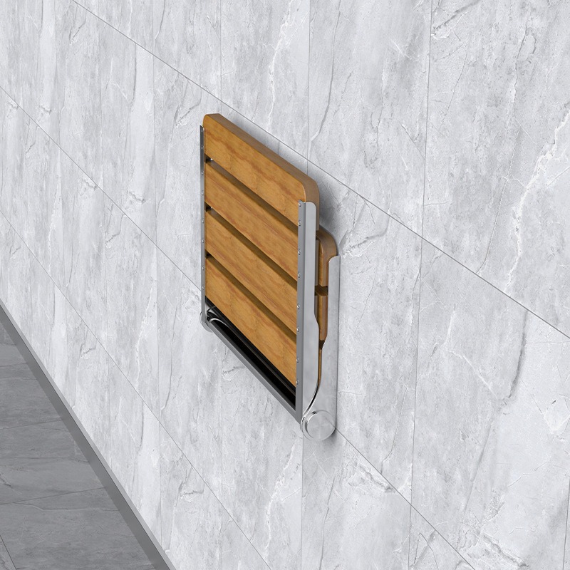 Wall-Mounted Folding Solid Wood Modern Minimalist Shower Stool and Ottoman for Elderly Entryway Bathroom Use Shoe-Changing Bench