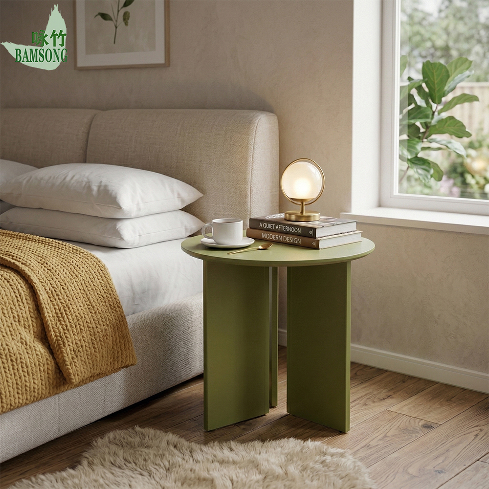 Side Table Natural Bamboo Olive Green Finish Simple Modern Round End Table with Panel Legs Sturdy Coffee Table for Home Use