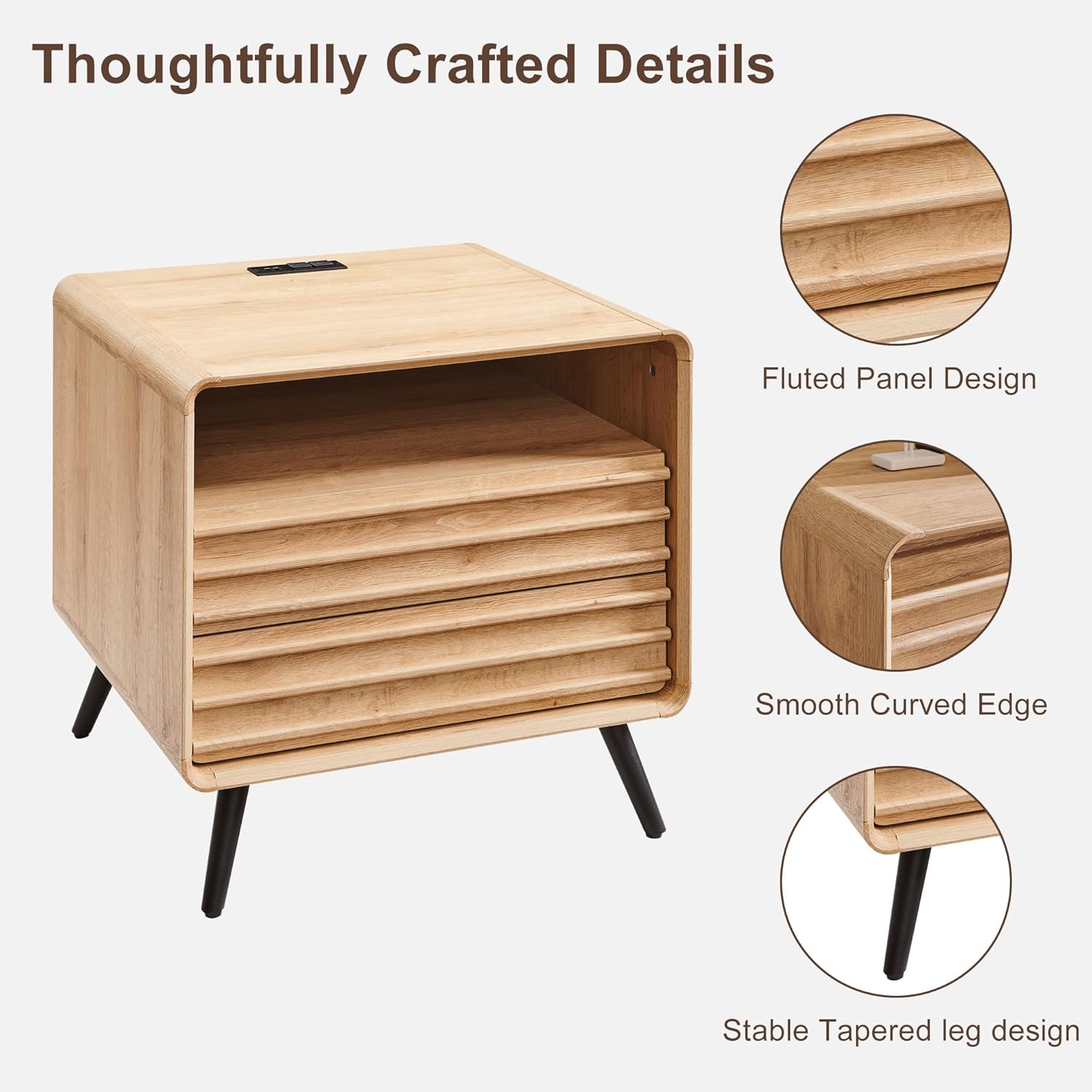 Mid Century Modern Fluted End Table with 2 Drawers, Wooden Side Table with Open Cubby Storage for Living Room, Bedroom