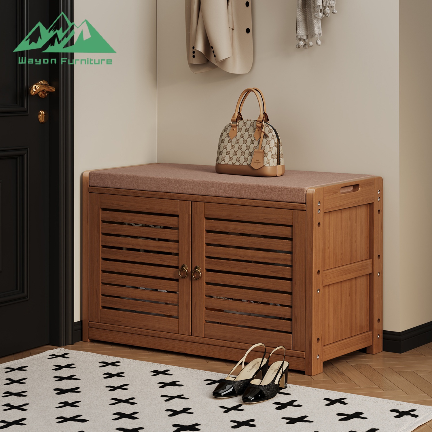 Wayon Modern Bamboo Shoe Cabinet with Padded Bench Seat Louvered Door Organizer for Entryway