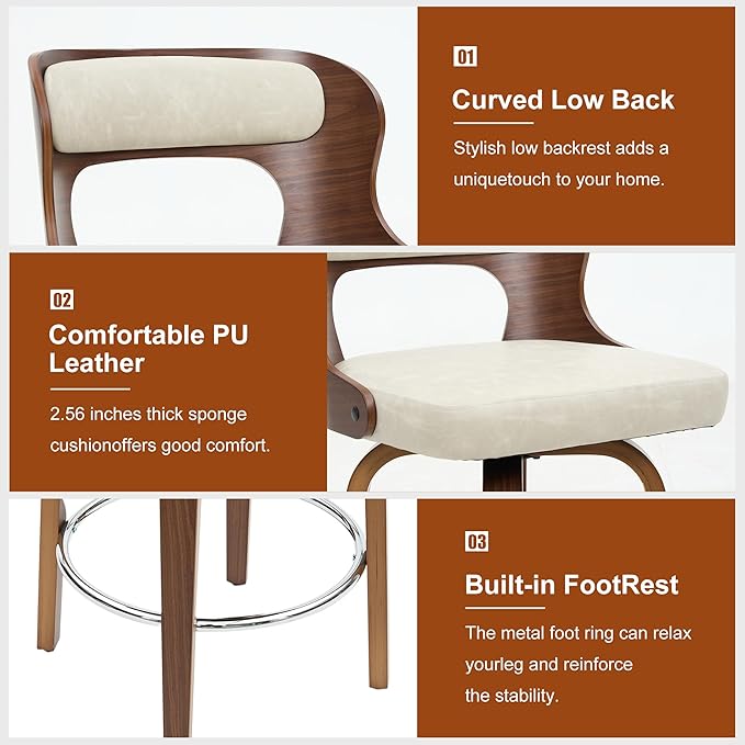 PU Synthetic Leather Modern Eco-Friendly Bar Stools Counter High Chair Swivel Bent Wood Adjustable Dining Kitchen Living Room