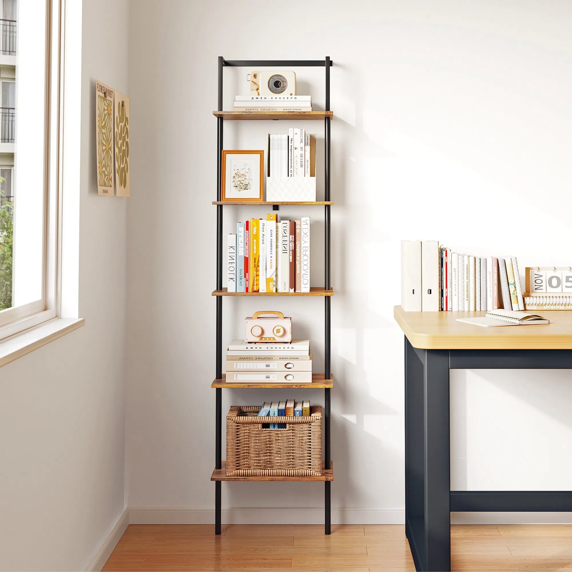 Ladder Shelf Wall-Mounted Design Tall Display Shelf Steel Wood Wall Bookshelf