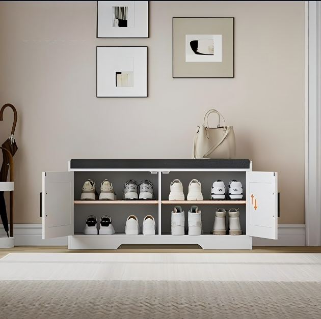 Entryway Shoe Bench with Storage, White Farmhouse Shoe Storage Bench with Padded Seat &amp; Cabinet Doors