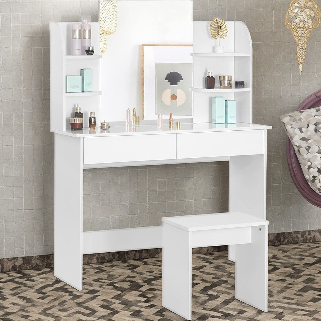 Dressing Table Set with Stool and Mirror, Cosmetic Table with High Gloss Tabletop MDF Wood Makeup Table Vanity Set