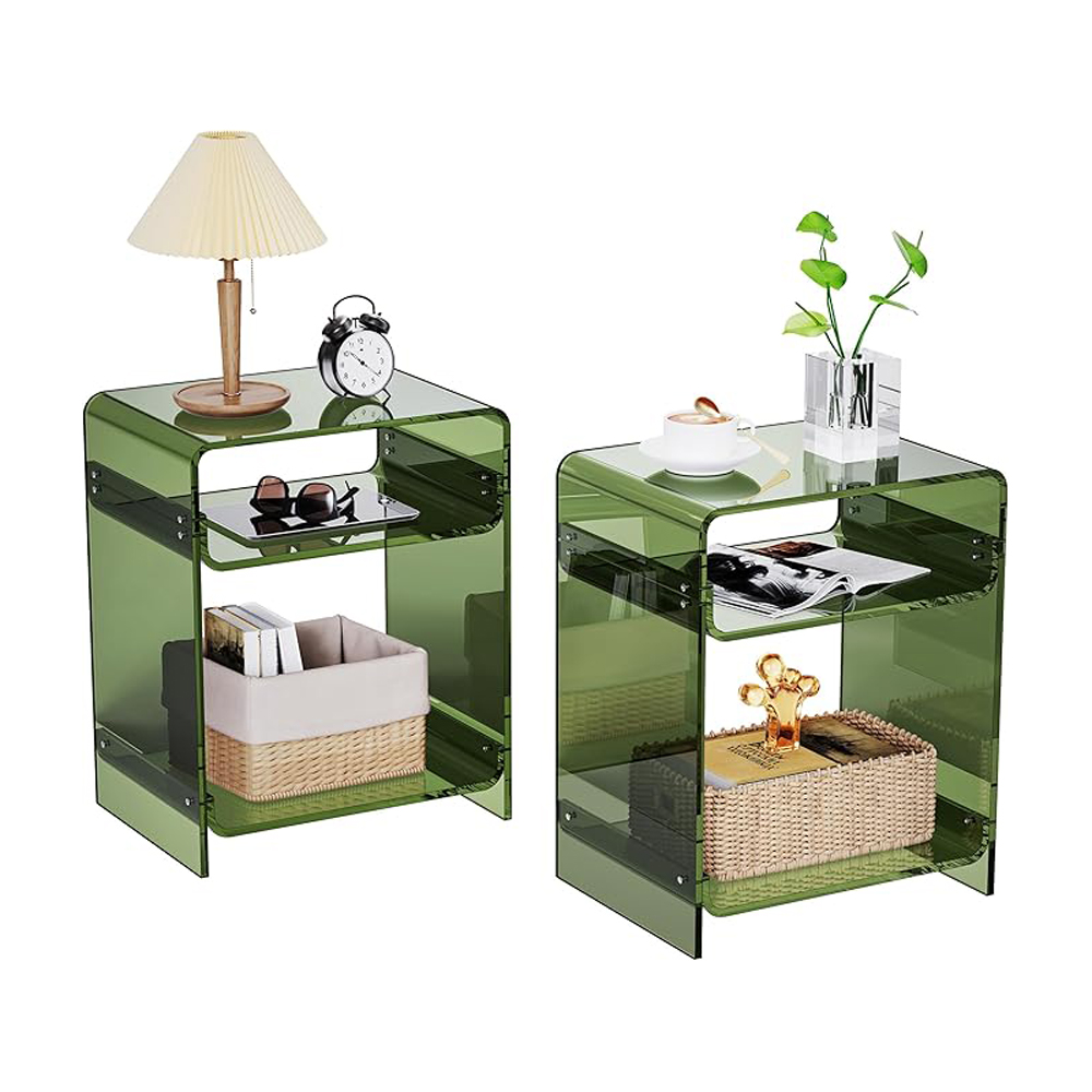 Set of 2 Modern Acrylic End Table Record Player Table with Storage Shelf Clear Side Table Nightstand Living Room Furniture