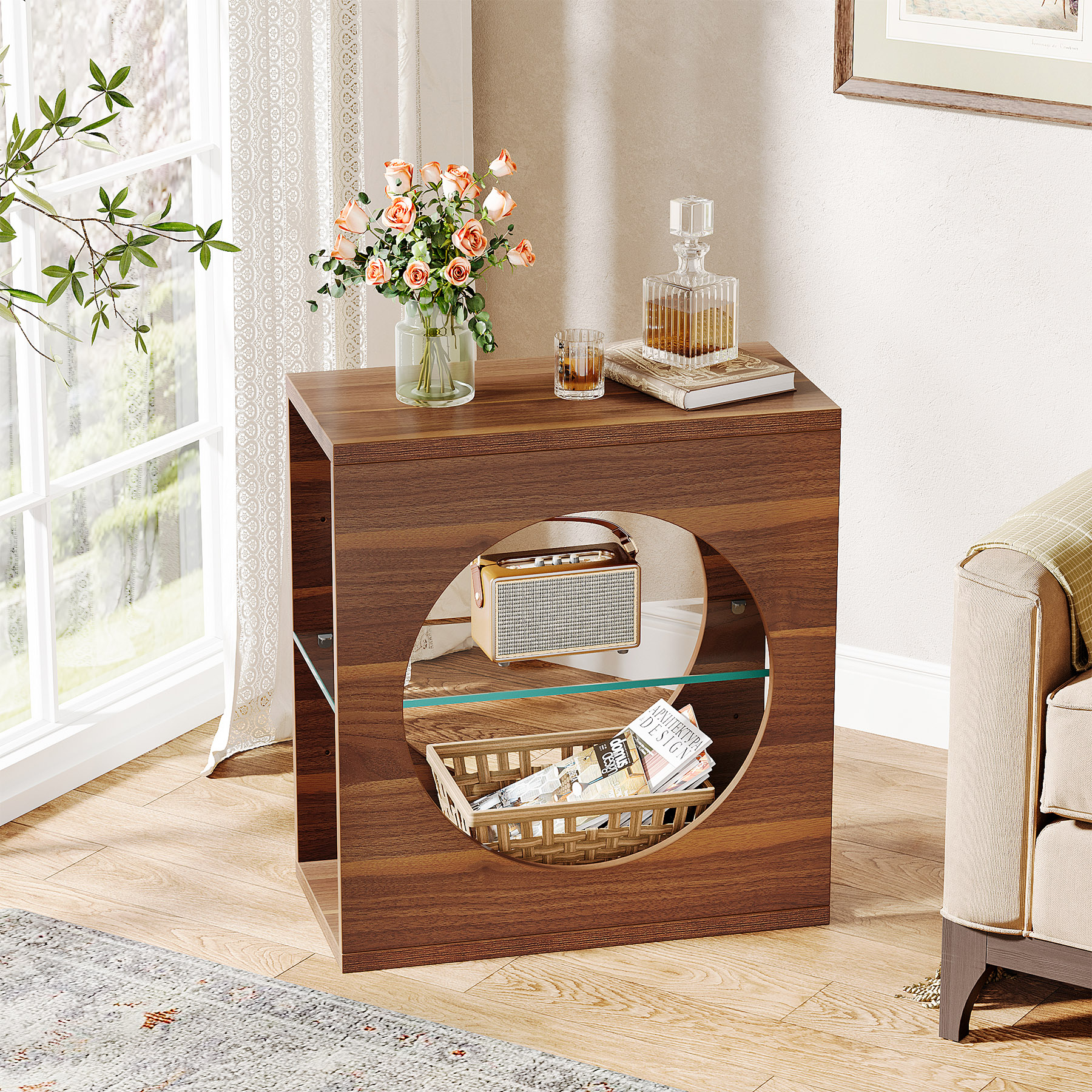 Tribesignss Modern End Table Living Room, 3-Tier Skinny Narrow Sofa Side Table with Adjustable Tempered Glass Storage Shelf