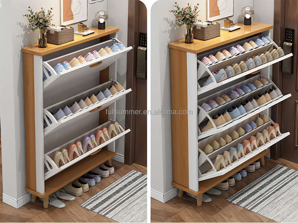 FULLSUMMER Ultra Thin Modern Designs Flip Drawers Tipping Wooden Storage 6 Tier Shoe Rack Cabinet With Door White