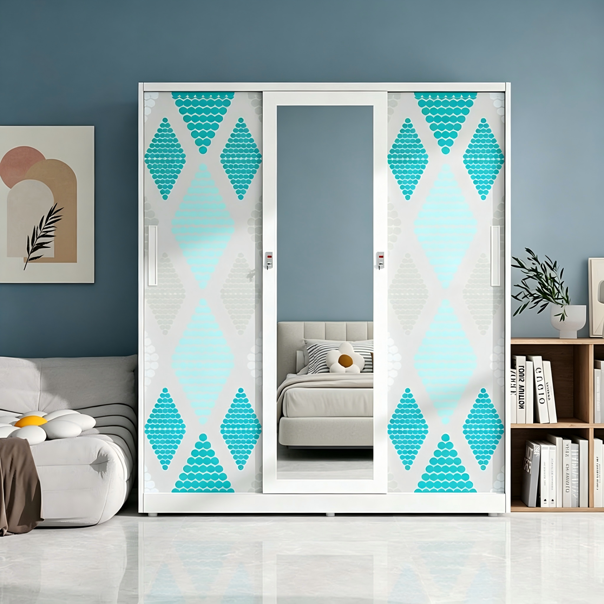 Metal Wardrobe for Clothes Modern 3-Door Sliding Wardrobe with Central Mirror for Bedroom Organization