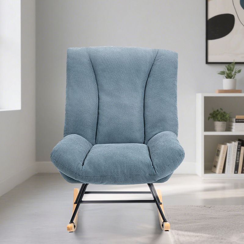 Comfy Light Blue Rocking Chair with Black Metal Frame and Wooden Rockers Living Room Lounge Chair Furniture for Bedroom