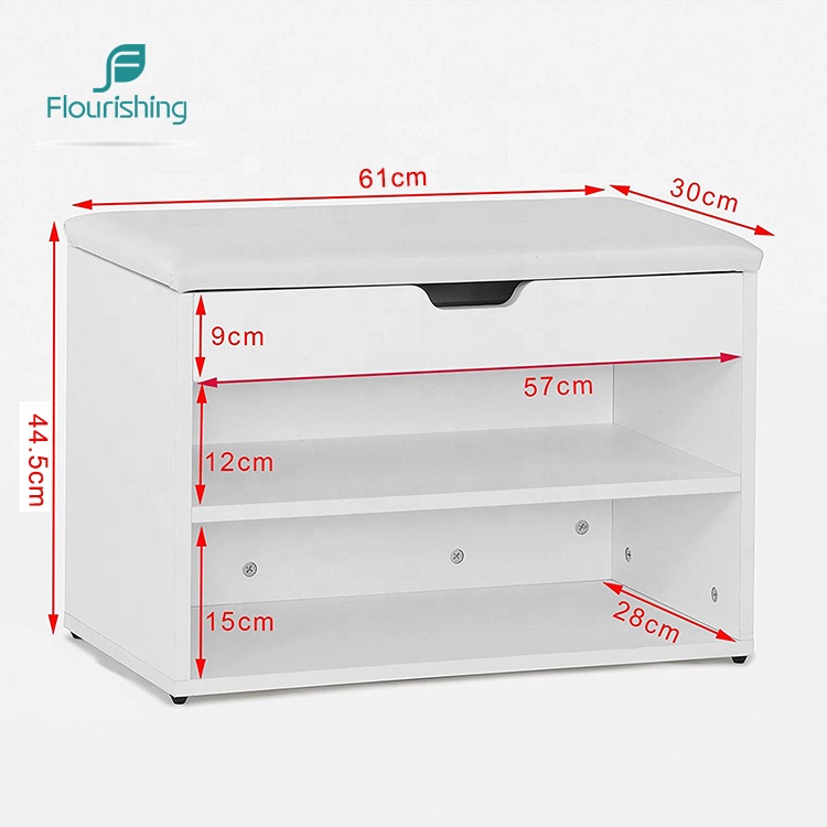 Wholesale Modern Eco-Friendly Living Room White Finish Wooden Entryway Rack Shoe Bench with Cushion