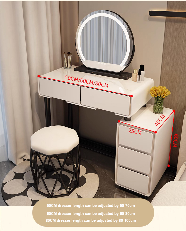 Modern Luxury Design 60cm Dressing Table with LED Mirror Cream Wooden Makeup Cabinet Small Apartment Master Bedroom School Use