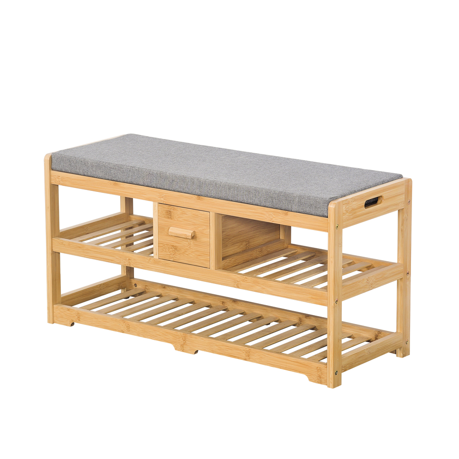 Modern Durable 3-Tier Bamboo Shoe Rack Bench with Storage Shelves for Living Room Entryway